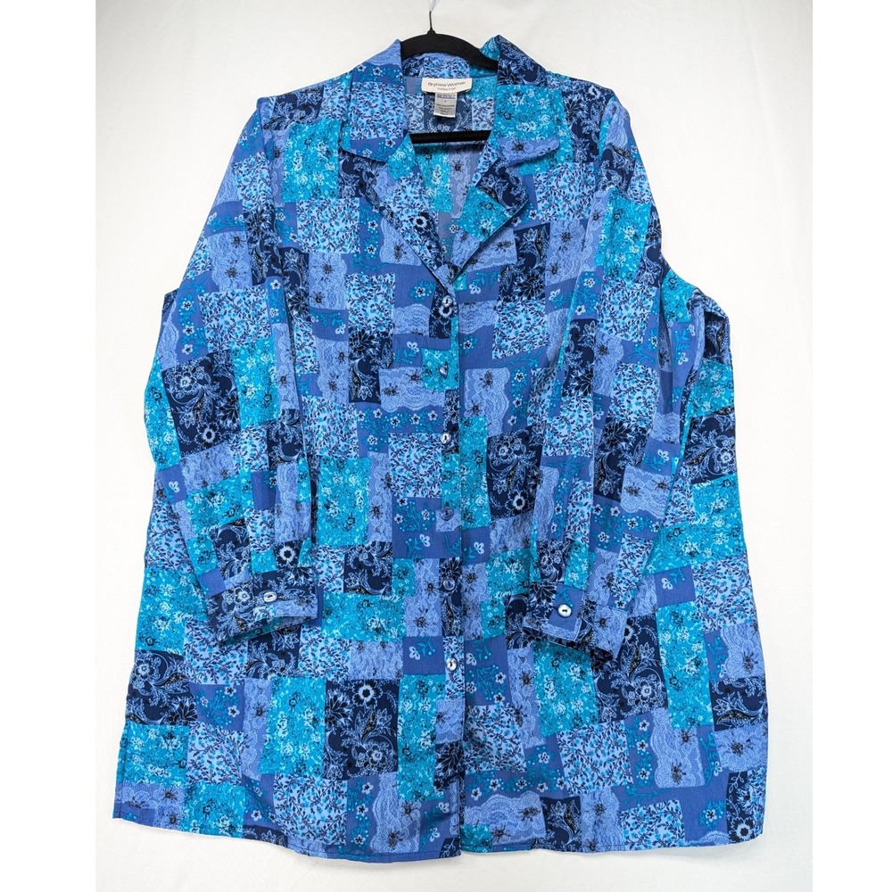 Brylane Woman Blue Patchwork Floral Paisley Button Up Blouse‎ Top Large